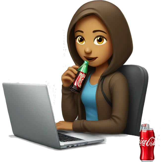 tired girl with laptop drinking coca-cola emoji