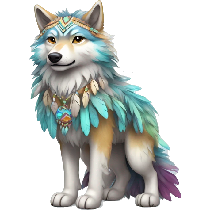 Fluffy Shy Colorful Spiritual Shamanic Wolf With Shiny Tribal Markings wearing feathers Full Body emoji