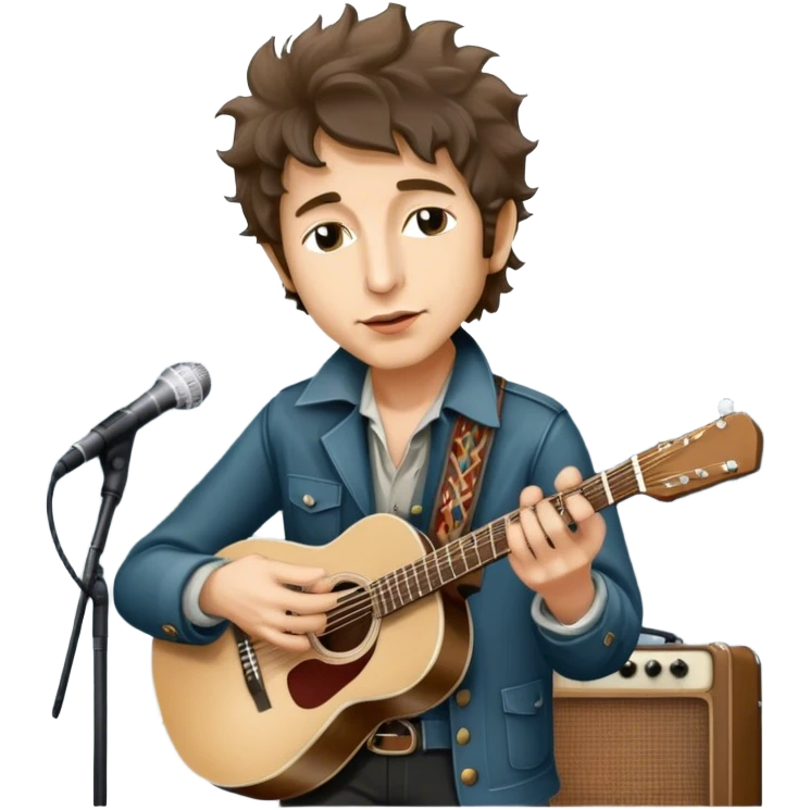 Icon for Folk Music: Bob Dylan with his harmonica and acoustic guitar, performing with his band on stage. The atmosphere should be intimate and nostalgic, capturing the soul of folk music with simple instruments and natural vibes. Transparent background. emoji