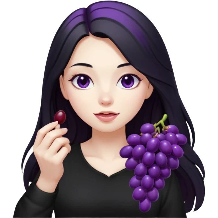 girl with long black hair, black clother with eating disorder purple food emoji