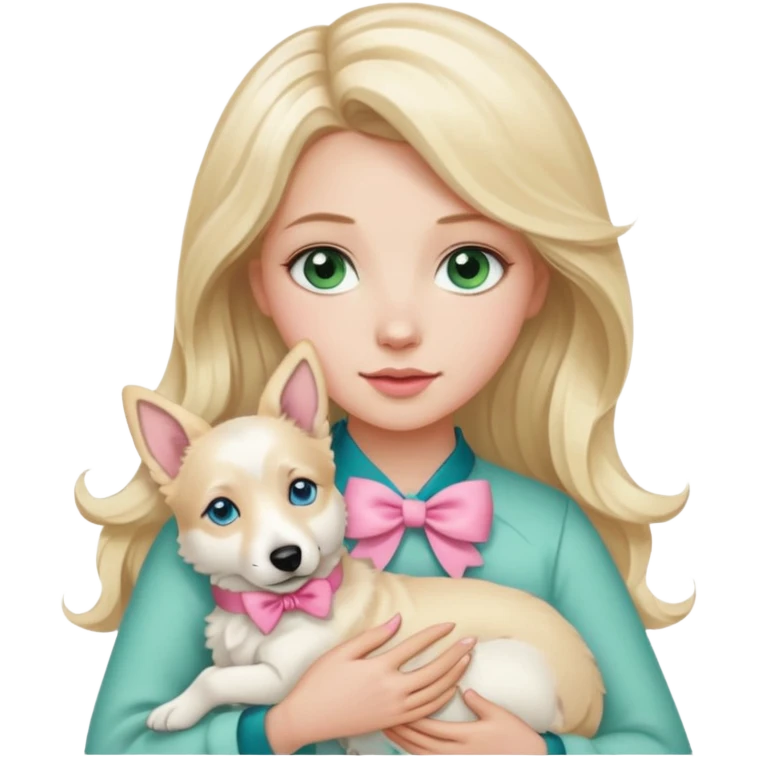 A white Long Wave blonde Hair Woman with blue-green eyes, with a Brown eyed White Shepard  in the arm ,the dog has a little bit beige in then end of the ears and a pink bow in neck . emoji