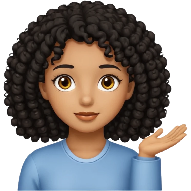 Uma menina de cabelo cacheados preto morena com os olhos puxados olhos castanhos dando bom dia emoji