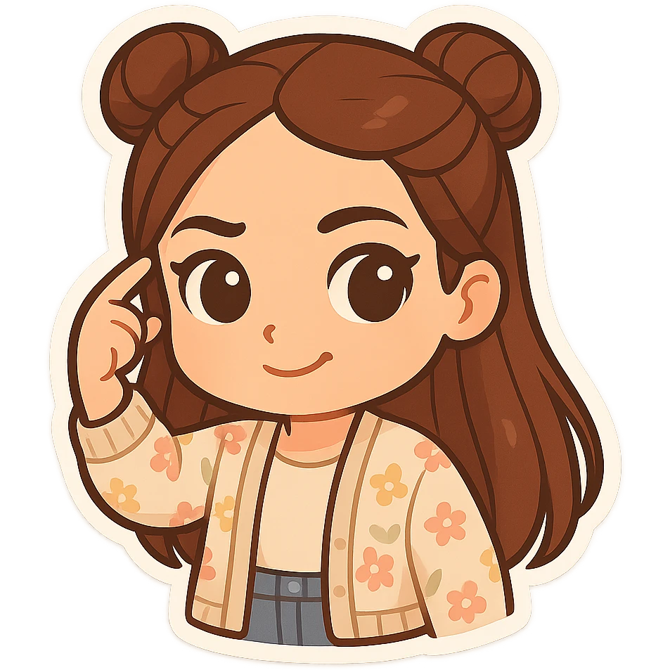 Create a chibi sticker of the girl from the reference image. She has brown straight hair styled in double buns, brown eyes, wearing a pastel floral cardigan and jeans. She is twirling her finger at her temple as if saying 'what a fool'. The sticker should have a white outline and a transparent background, sized 512x512px. emoji