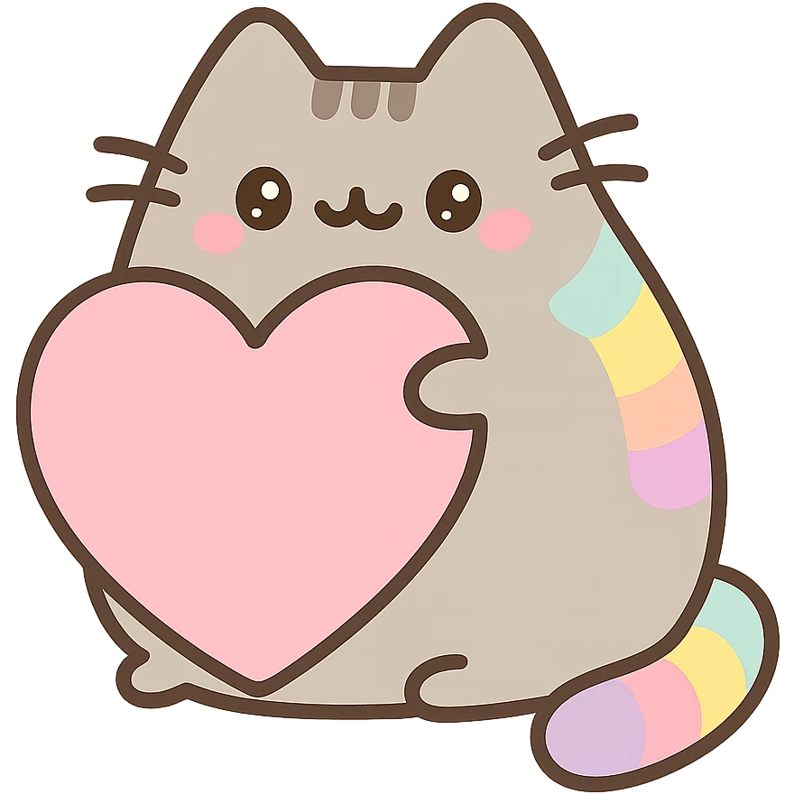 Pusheen hugging a big heart, pastel rainbow colors, ultra cute, kawaii style emoji