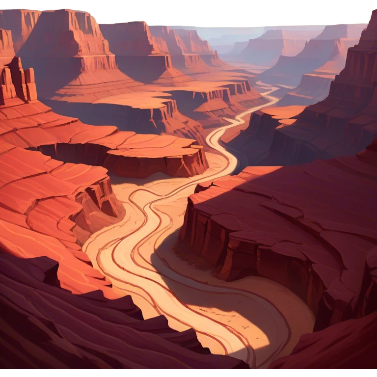 Cinematic Realistic Canyon Emoji, Vast and rugged, with deep red rock formations and winding paths leading down to a dry, dusty floor. Sunlight casts long shadows across the craggy surfaces, highlighting the layers of ancient rock. Soft glowing outline, capturing the essence of dramatic beauty and ancient history in a mighty canyon. emoji