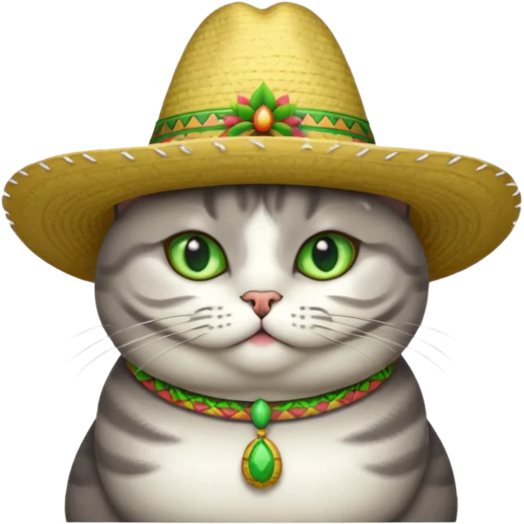 Fat gray cat green eyes wearing sombrero emoji