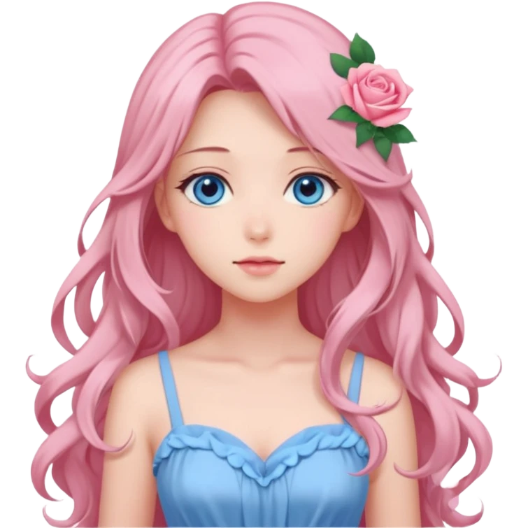 Gorgeous pastel anime lady with roses in long hair and pink dress with blue eyes emoji