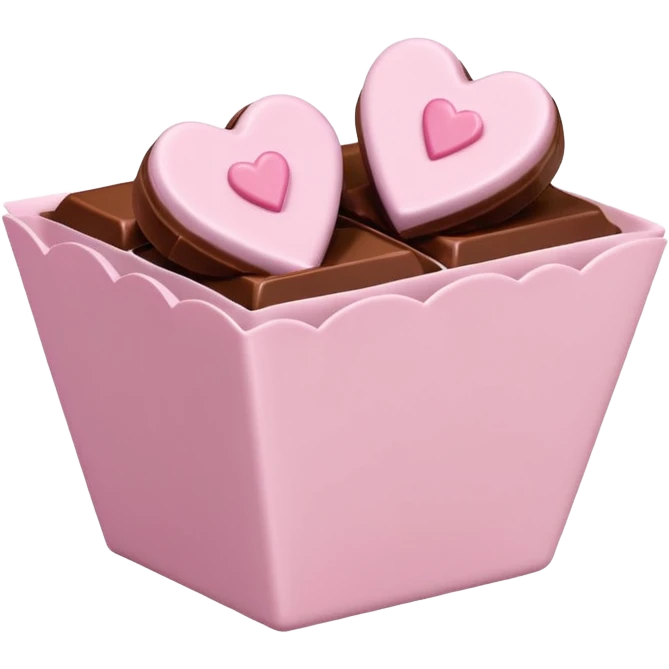 Two square milk chocolate , Each praline is a sharp-edged cube with smooth glossy chocolate coating, placed in a small white fluted paper candy cup. On top of each cube is a flat pastel pink heart-shaped icing emoji