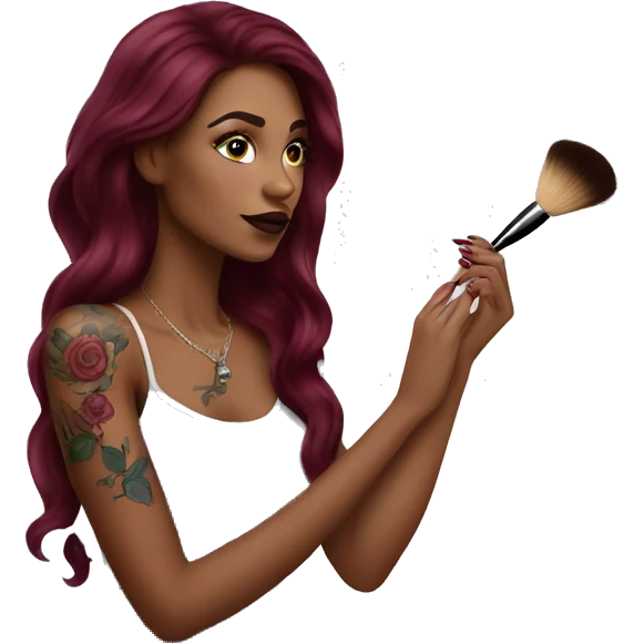 Beautiful tattooed burgundy long haired woman doing her makeup emoji