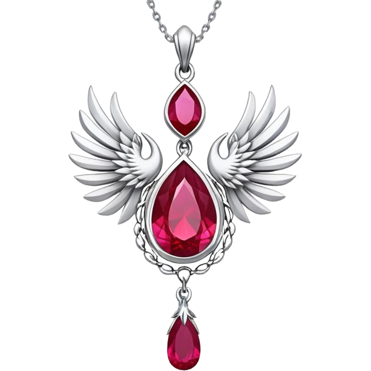 cosmic phoenix talisman, teardrop ruby with feather details, radiating rebirth, floating silver chain emoji