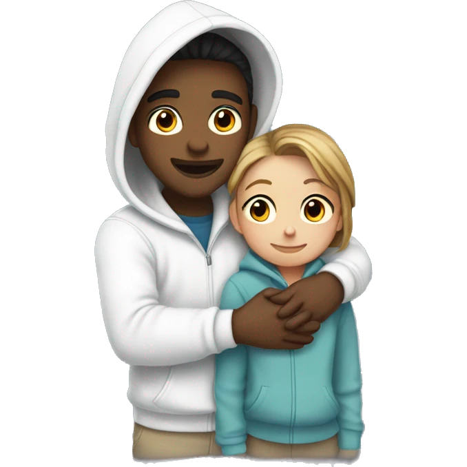 An emoji of a man wearing a white hoodie, standing next to his sister. He is hugging her warmly, showing a close sibling bond emoji