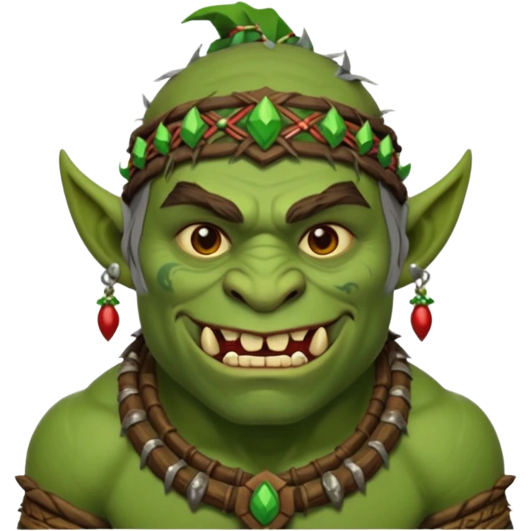 Christmas fantasy orc icon, winter feast chief theme, tribal ornaments, joyful brutal expression, festive winter atmosphere, stylized emoji portrait, male/female variant
 emoji