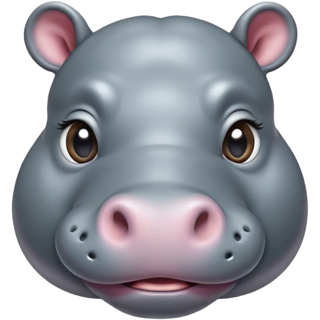 Cinematic Cute Hippo Portrait Emoji, Head tilted playfully and inquisitively, featuring a glossy slate-gray hide with a gentle sheen and round, sparkling eyes filled with curious charm, Simplified yet irresistibly adorable features, highly detailed, glowing with a warm, friendly glow, high shine, affectionate and serene, stylized with a touch of aquatic whimsy, bright and endearing, soft glowing outline, capturing the essence of a mischievous yet loving hippo, so playful it feels like it could splash out of the screen and into your arms! emoji