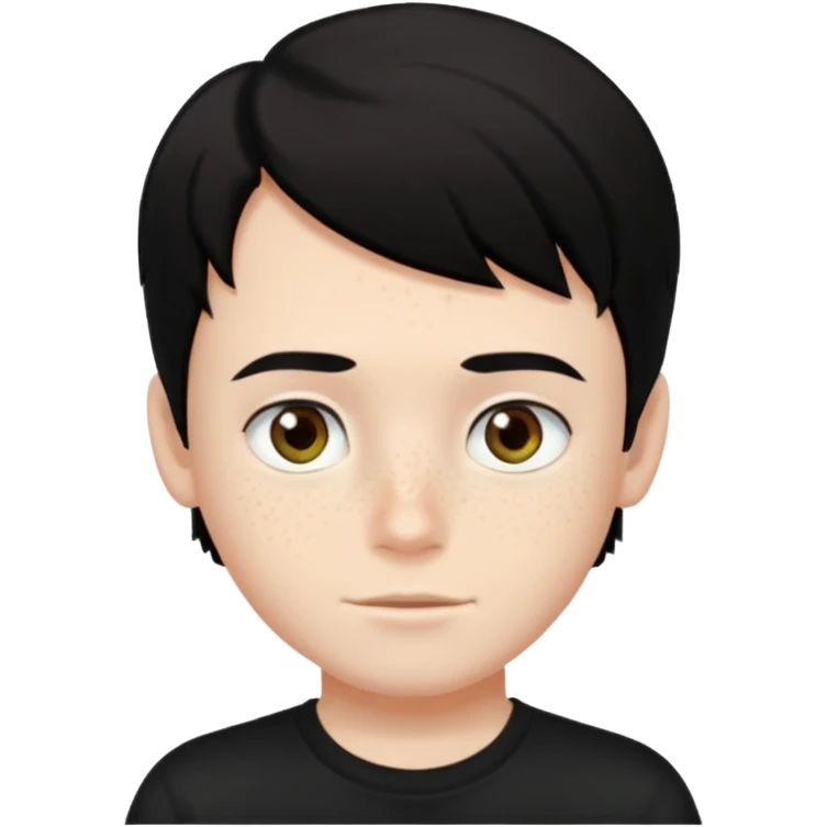 A boy with dark black hair and hazel green and brown eyes and white skin , with freckles and black t shirt  emoji