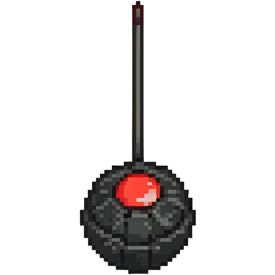 Remote control bomb, black round bomb with antenna and red button, pixel art style emoji
