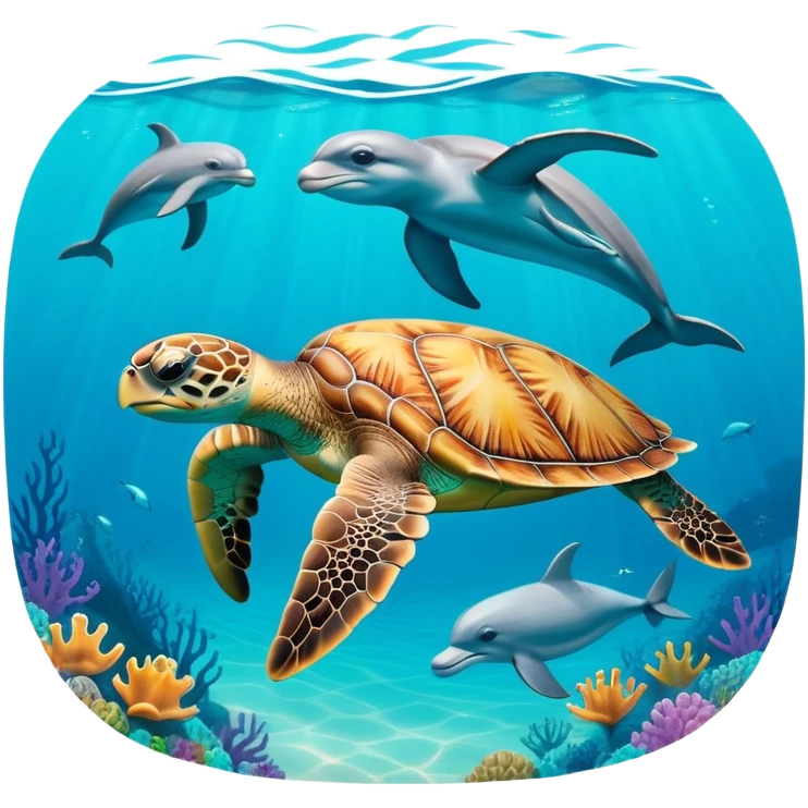 sea turtle swimming with dolphins emoji