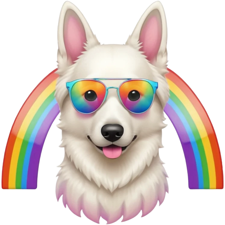 White belgian Shepard with sunglas , on a rainbow emoji