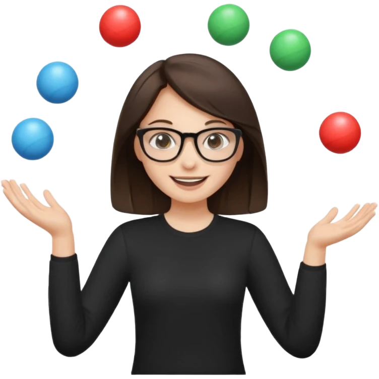 a brunette girl in a black shirt wearing glasses is  juggling  with two hands and smiling  emoji
