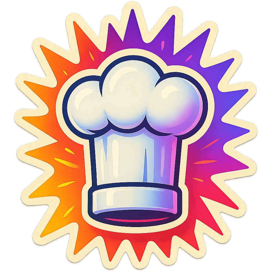 chef's hat, colors explosion, playful and modern with gradient FF4D67, 9D34FF gradient, vibrant emoji