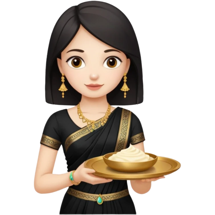 Russian girl in Indian black saree with full image from head to leg and holding a cream colour small tray in her both hands emoji