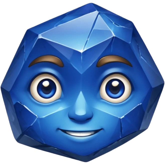A single sapphire-blue faceted rock head, chunky and worn, with very visible big cracks and chipped facets but still shiny, big kind eyes and a confident smile emoji