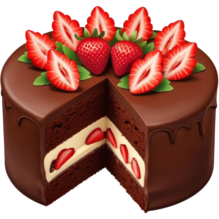 chocolate cake with a cut revealing the inside, topped with strawberries emoji