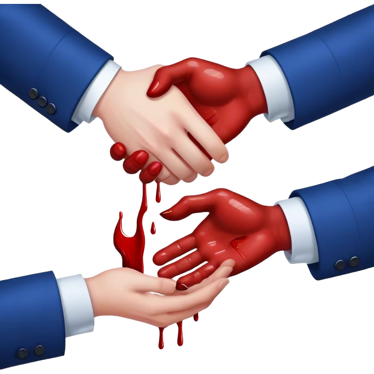 handshake, hands in blue suits, blood on one of the hands, drops emoji
