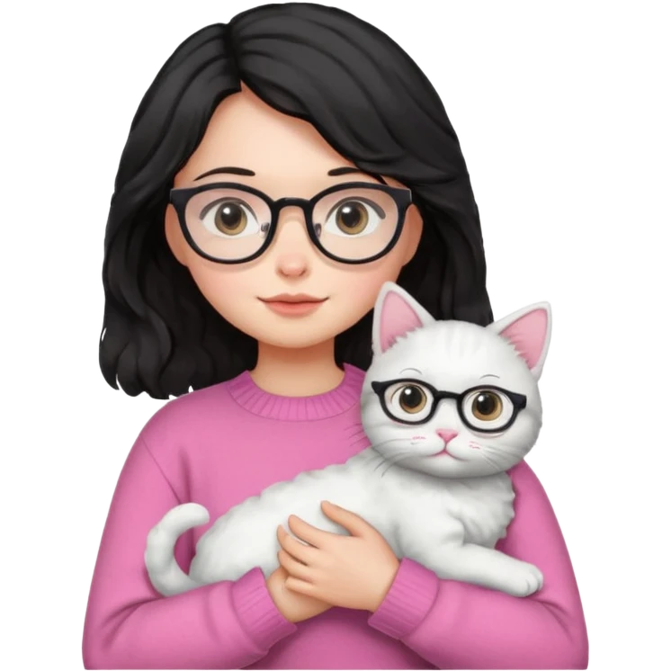a girl with a black wavey hair, wearing a pink sweater and glasses, holding a cute white cat, only upper body emoji