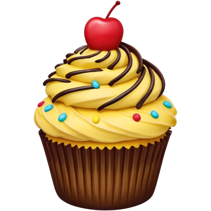 Vanilla cupcake with yellow frosting, chocolate drizzle, sprinkles & a cherry on top  emoji