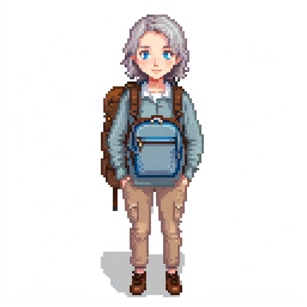 white woman park ranger with blue eyes, brown and gray hair, wearing a backpack, standing in a nature background emoji