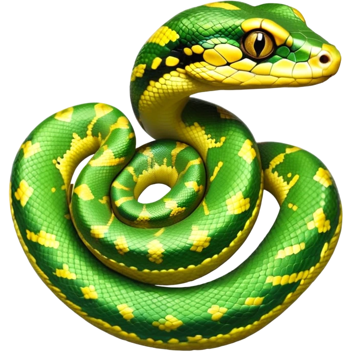 cinematic-green tree python-realistic-full-body-coiled-emoji,-thick-scaled-body-looped-tightly,-intricate-yellow and white-patterned-scales-reflecting-light,-head-tilted-dramatically,-cute-eyes-staring-calmly,-simplified-yet-realistic-focused-feature emoji