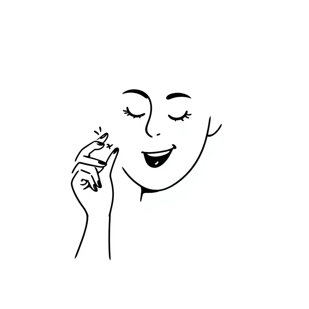 A hand-drawn face with closed smiling eyes with eyelashes, pursed lips wearing lipstick, and a hand with painted nails where only the thumb is out emoji