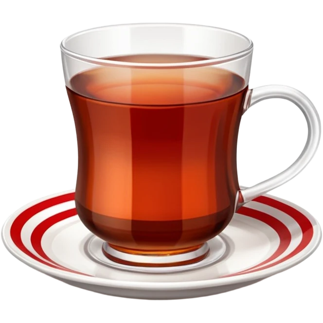 Turkish tea glass filled with dark tea, on a white saucer with red stripes, side view, detailed, realistic emoji
