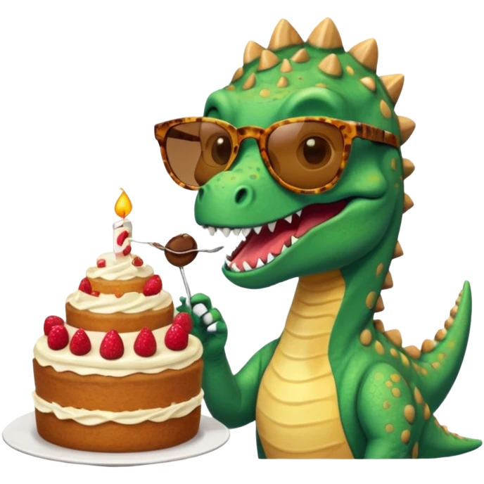 A dinosaur eating sunglasses with a human eating CAKE sunglasses emoji