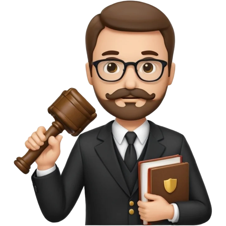 “Create a clean, modern emoji-style illustration of a male lawyer. He is wearing a formal suit jacket. He is holding a judge’s gavel in one hand and has a law book tucked under his arm. He has a mustache and beard!, and he is wearing glasses. emoji