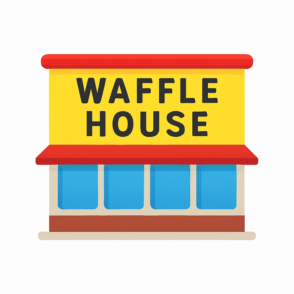 Create an emoji-style icon of a Waffle House building, focusing on the yellow sign and recognizable features, with a simple and clear design. The style should resemble emoji style with bright colors and simple shapes. emoji