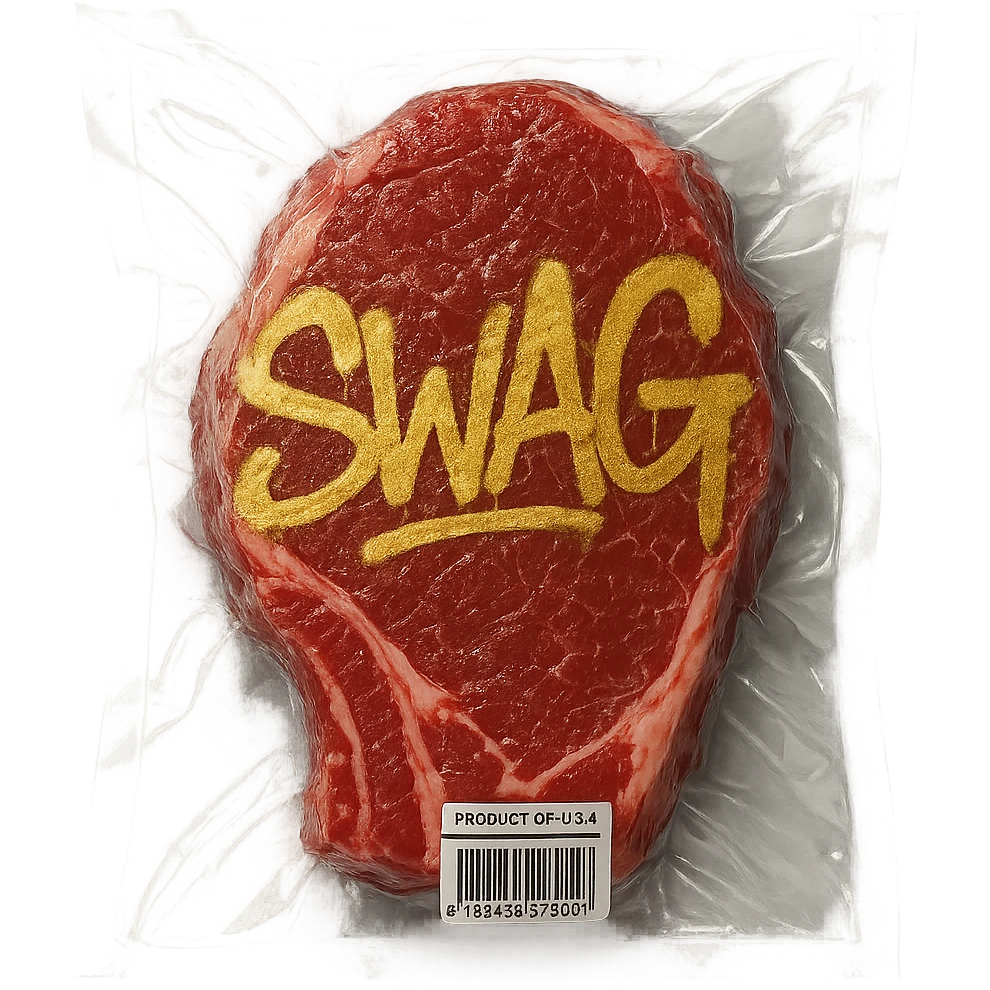 steak with gold graffiti-style 'SWAG' text, glossy, vacuum-sealed style emoji