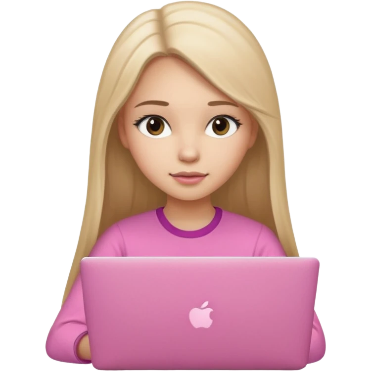 Chica lacia peli larga en una MacBook rosa investigando y haciendo tareas con un libro de apuntes y con cara muy linda como modelo emoji