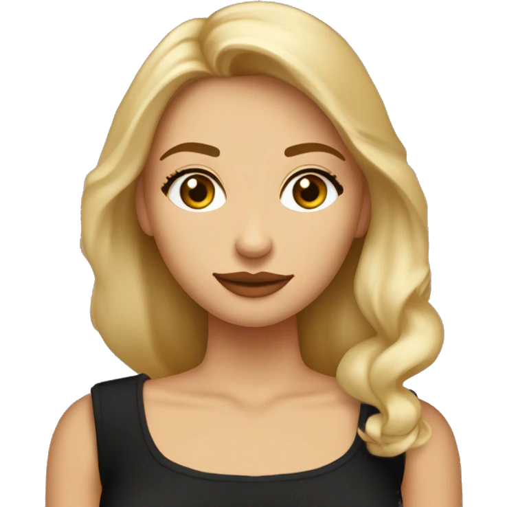 Mujer adolescente medio rubia mezclado con castaño clarito, ojos marrones clarito, labios ni finos ni gordos rositas claritos, de piel ni muy morena ni muy blanca, vestido negro, pendientes de aros pequeños dor emoji