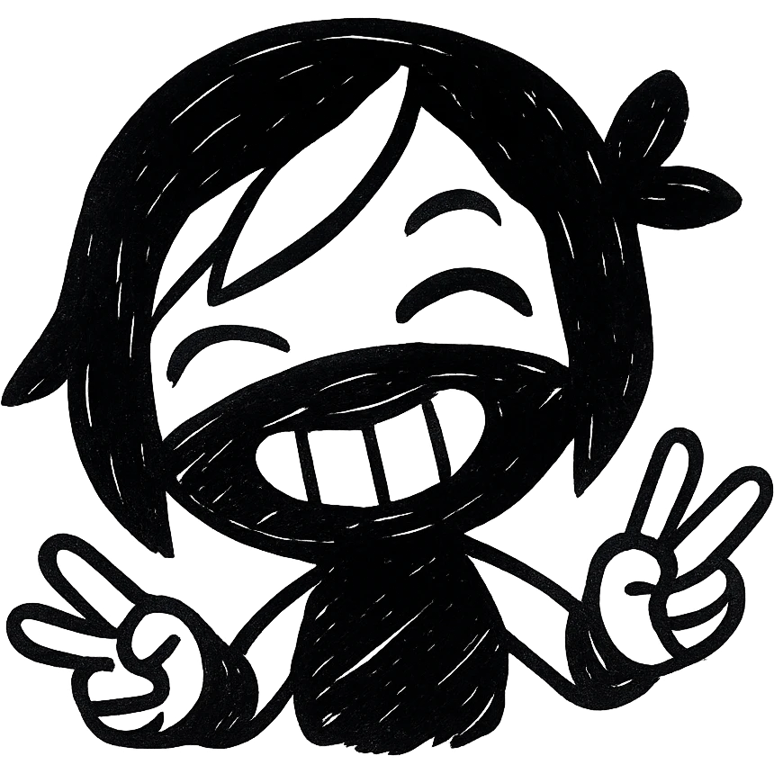 Make the expression even more weird-cute on a sexy chibi ninja girl with black short hair and a blonde streak, only head and arms, making a peace sign, bold black outlines, transparent background, no mask, eyes closed with a big toothy grin, sized for Twitch emoji use. emoji
