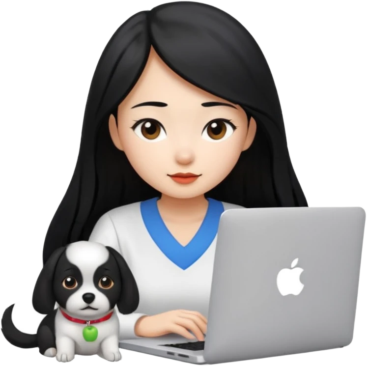 Blue back ground, Asian girl with long black hair , wearing a white shirt, working on an Apple laptop, next to her is a small black and white dog emoji
