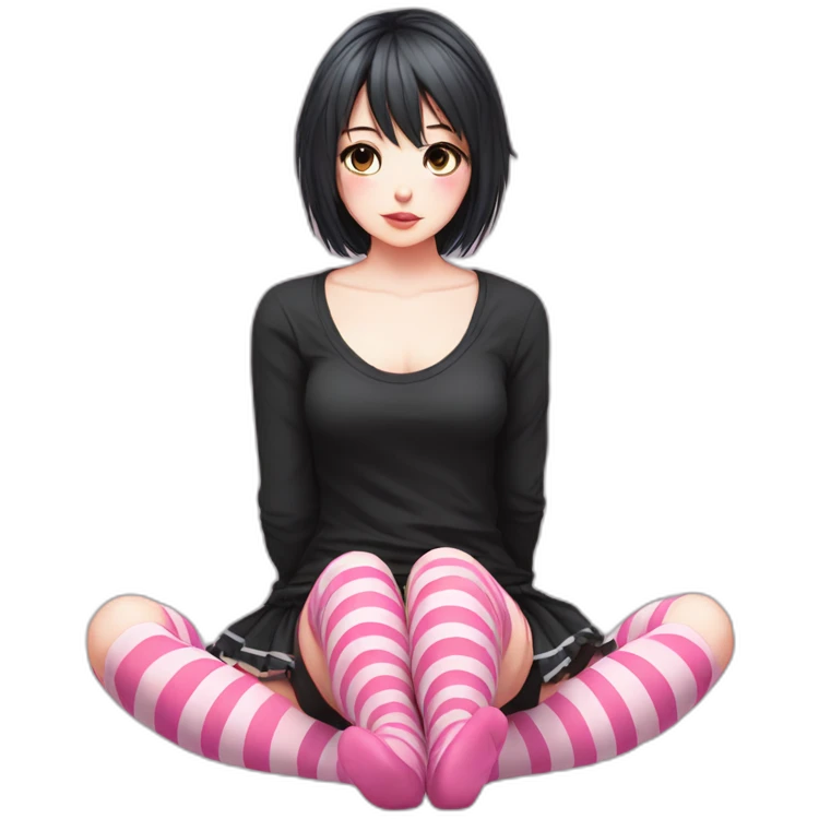 full body Front view emo girl sits on the floor black skirt pink knickers striped stockings emoji