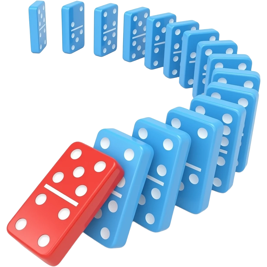 Modern 3D render of sleek dominoes falling in a chain reaction. The lead domino is red, triggering a cascade of glowing blue dominoes. Modern minimalist aesthetic, glossy finish, isometric view, soft shadows, white background. emoji