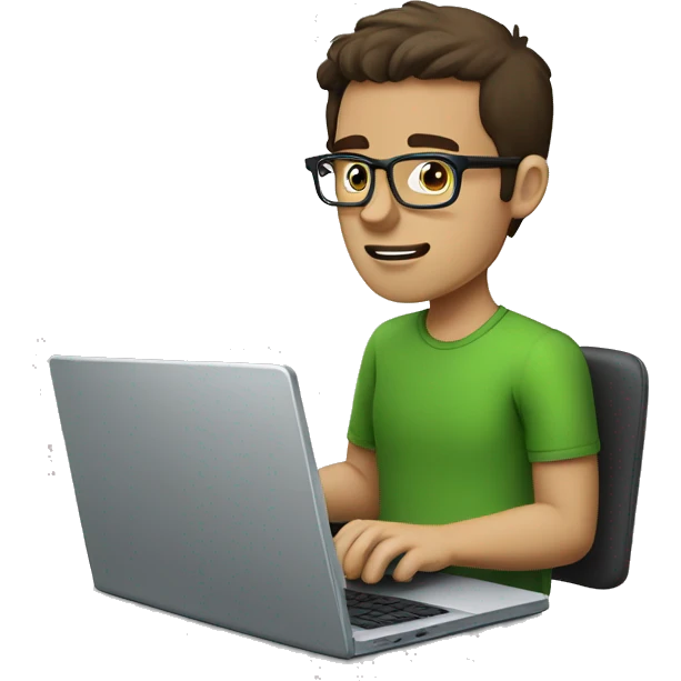 white guy with dark brown hair square glasses typing in laptop wearing green t-shirt working in call center emoji