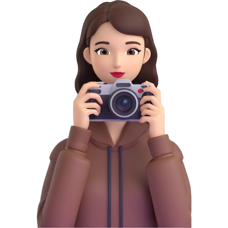 Professional European fashion model during photoshoot, posing while taking photo with camera emoji