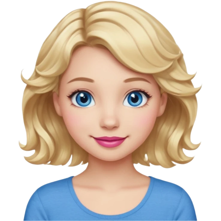 Girl Blonde short wavy hair,  blue eyes, cute blue top, long lashes, pink lips, 👄  emoji
