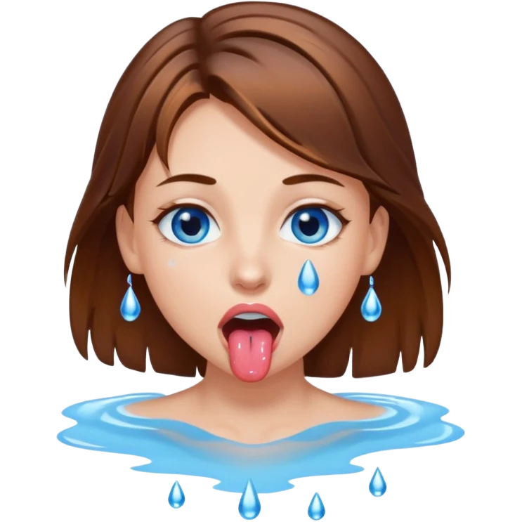 Girl with brown hair, blue eyes, a wet face and her tongue out. Can you make her face more wet? Can you add clear water droplets on her face and tongue? emoji