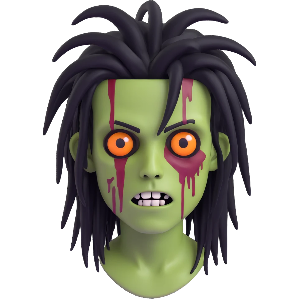 spooky boy zombie, black dreadlocks, medium long, emo hairstyle, creepy facial expression emoji