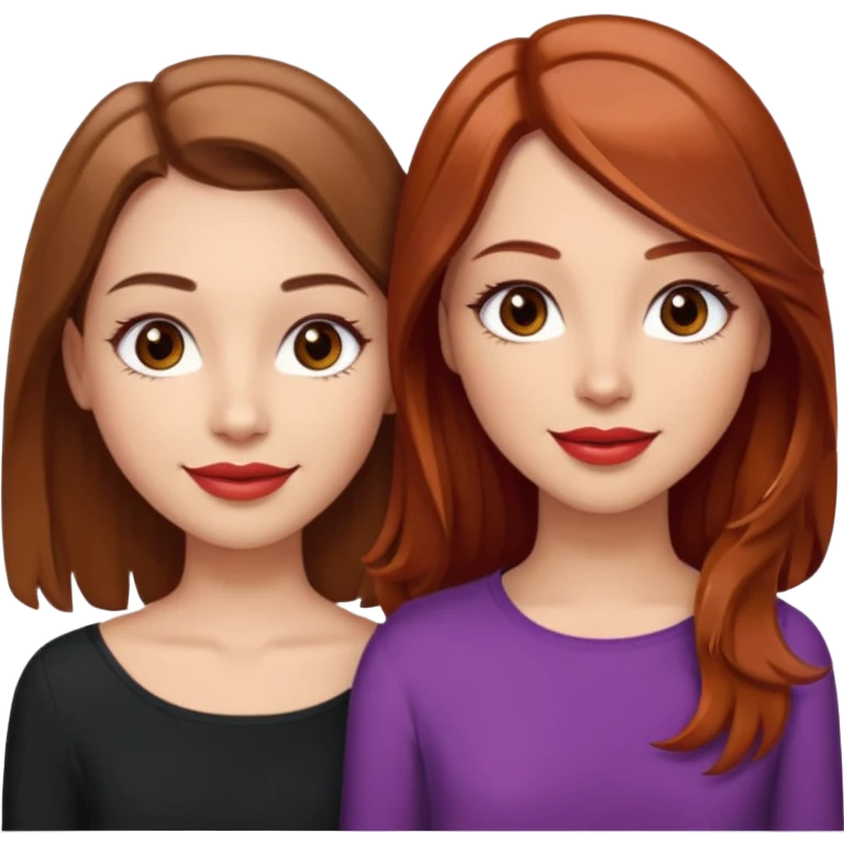 I want you to create me an emoji of two girls: one with light skin, shoulder length hair (straight and brown), brown eyes with very long eyelashes and full lips; the other girl must also have light skin, shoulder length hair (wavy and red), brown eyes and a nice smile with glossy lips emoji
