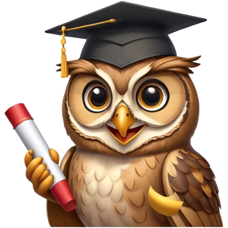 Owl smiling with graduation hat and diploma in claws emoji